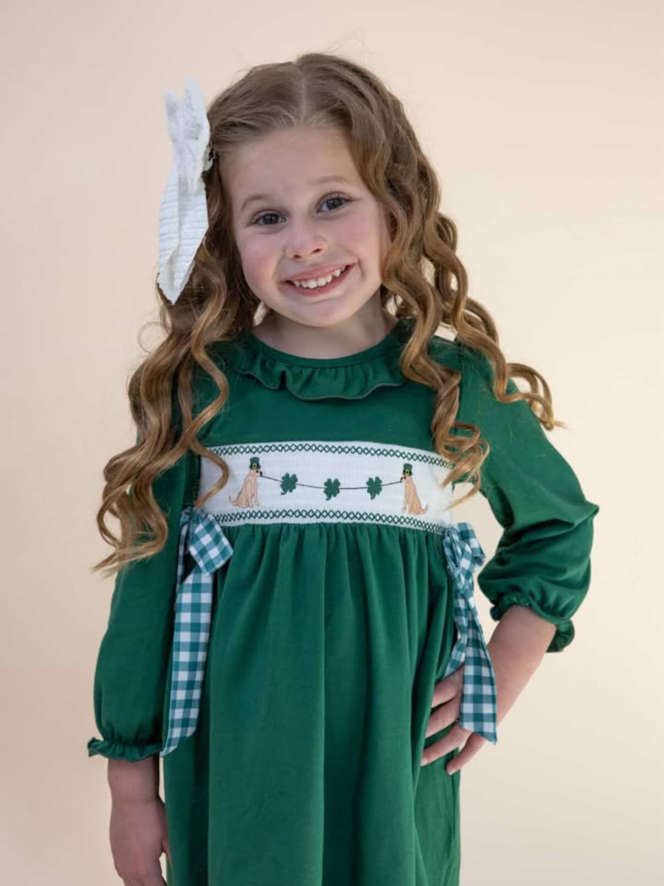 Girls St. Patrick’s Day Shamrock Puppy Smocked Dress