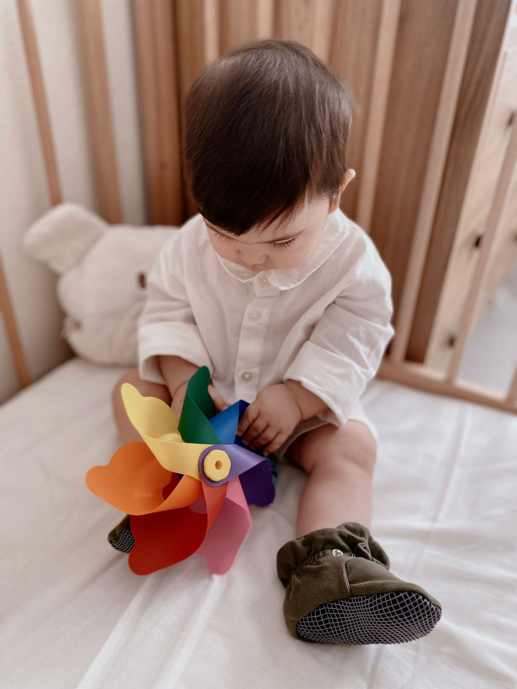 Organic Cotton Baby Booties, Non-Slip Sole, Cotton Newborn Booties Home Nursery Shoes, Khaki