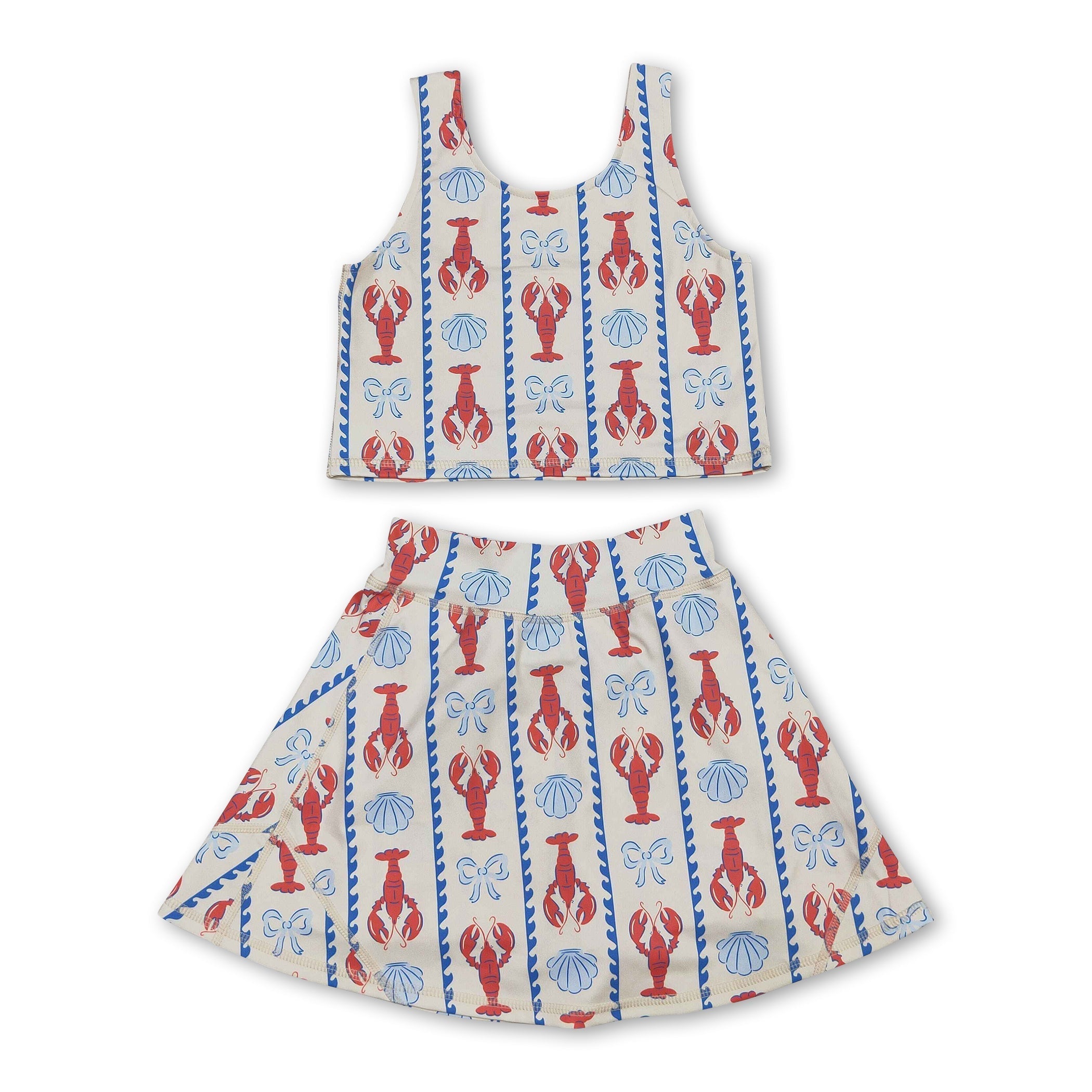 Sleeveless crawfish bow top skirt girls active wear set