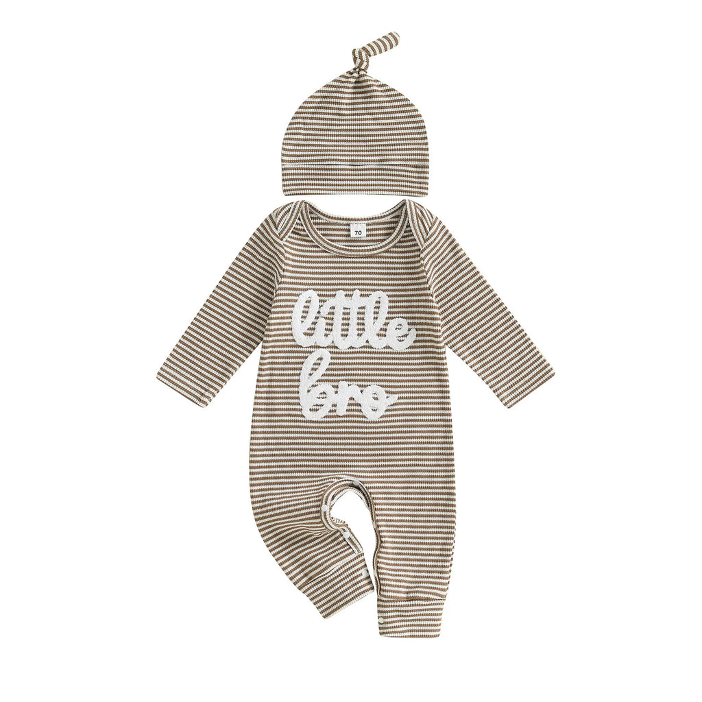 Baby Boys 2Pcs Autumn Striped Jumpsuit Long Sleeve Crewneck Letter Little Bro Embroidery Romper with Hat Set