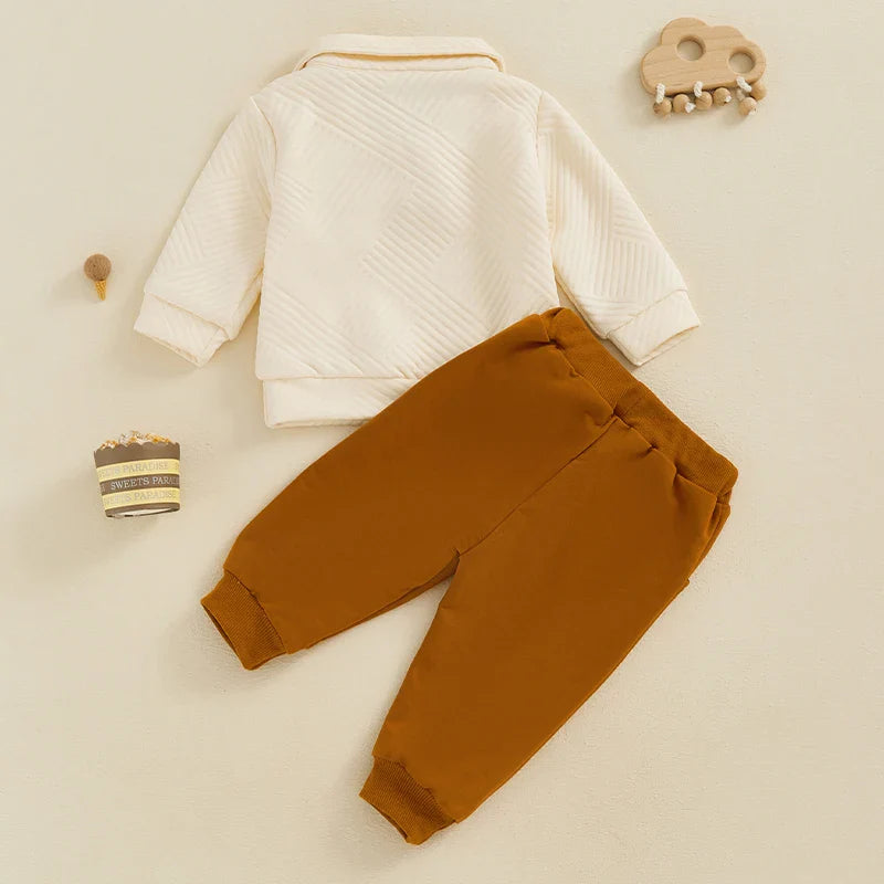 Baby & Toddler Boys 2Pcs Autumn Outfit Set Long Sleeve Lapel Half Zip Up Pullover Solid Color Pants Set