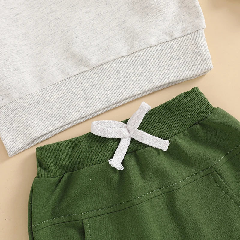 Toddler Girl or Boy 2Pcs Lucky St. Patrick's Day Spring Outfit Letter Shamrock Four Leaf Clover Embroidery Long Sleeve Crewneck Top with Elastic Waist Solid Pants Jogger Set