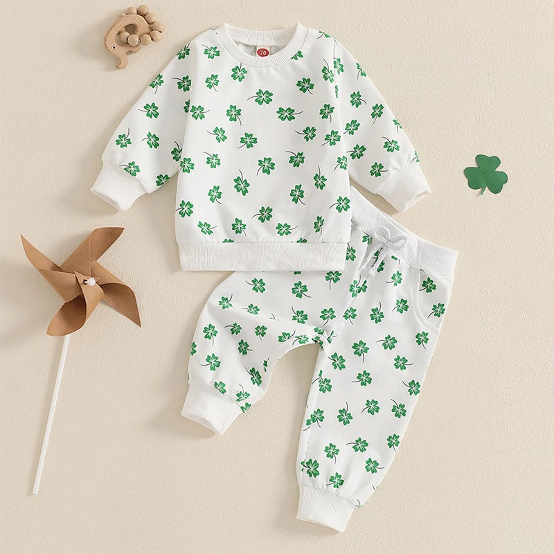 Baby & Toddler Girls or Boys 2Pcs St. Patrick's Day Outfit Four Leaf Clover Shamrock Print Long Sleeve Crewneck Top and Elastic Pants Jogger Set