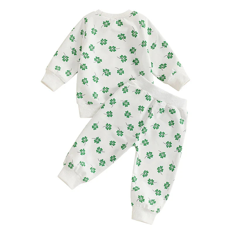Baby & Toddler Girls or Boys 2Pcs St. Patrick's Day Outfit Four Leaf Clover Shamrock Print Long Sleeve Crewneck Top and Elastic Pants Jogger Set