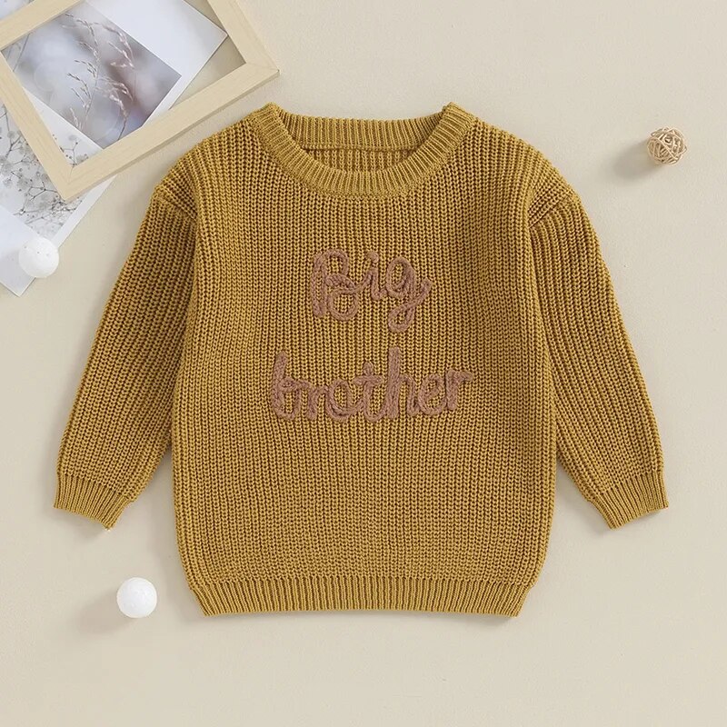 Toddler Kids Boys Sweaters Cotton Long Sleeve Letter Embroidery Big Brother Pullover Loose Knitwear Top