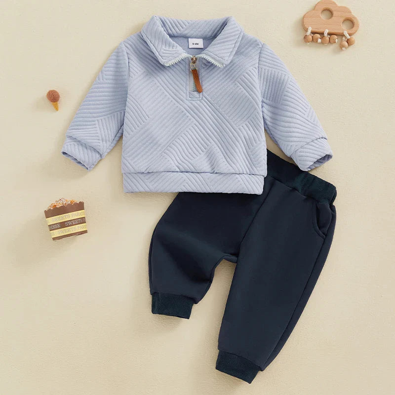 Baby & Toddler Boys 2Pcs Autumn Outfit Set Long Sleeve Lapel Half Zip Up Pullover Solid Color Pants Set