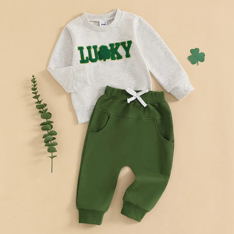 Toddler Girl or Boy 2Pcs Lucky St. Patrick's Day Spring Outfit Letter Shamrock Four Leaf Clover Embroidery Long Sleeve Crewneck Top with Elastic Waist Solid Pants Jogger Set