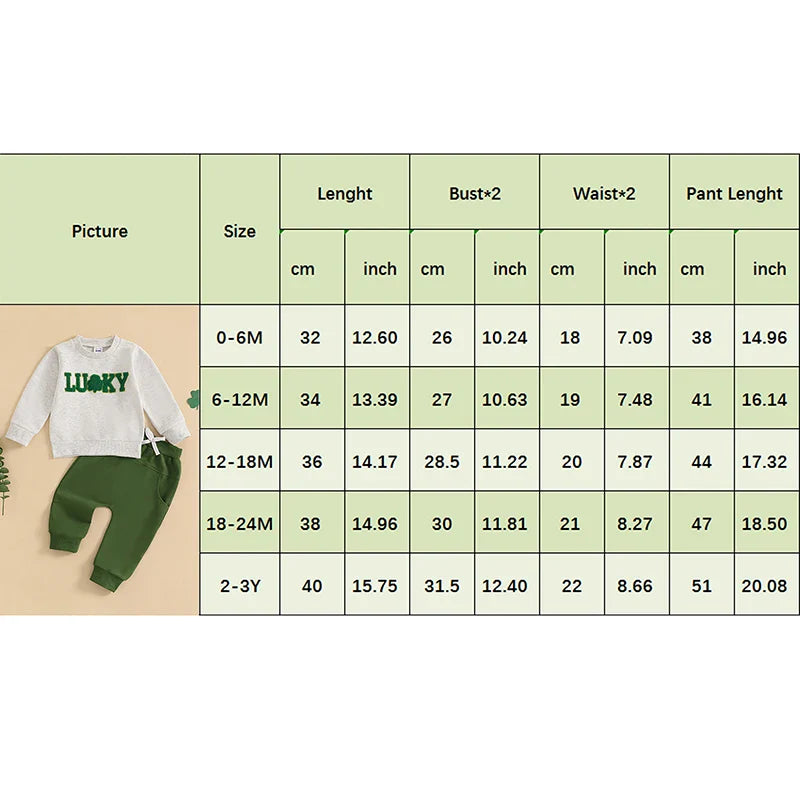 Toddler Girl or Boy 2Pcs Lucky St. Patrick's Day Spring Outfit Letter Shamrock Four Leaf Clover Embroidery Long Sleeve Crewneck Top with Elastic Waist Solid Pants Jogger Set