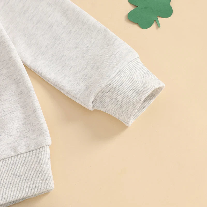 Toddler Girl or Boy 2Pcs Lucky St. Patrick's Day Spring Outfit Letter Shamrock Four Leaf Clover Embroidery Long Sleeve Crewneck Top with Elastic Waist Solid Pants Jogger Set