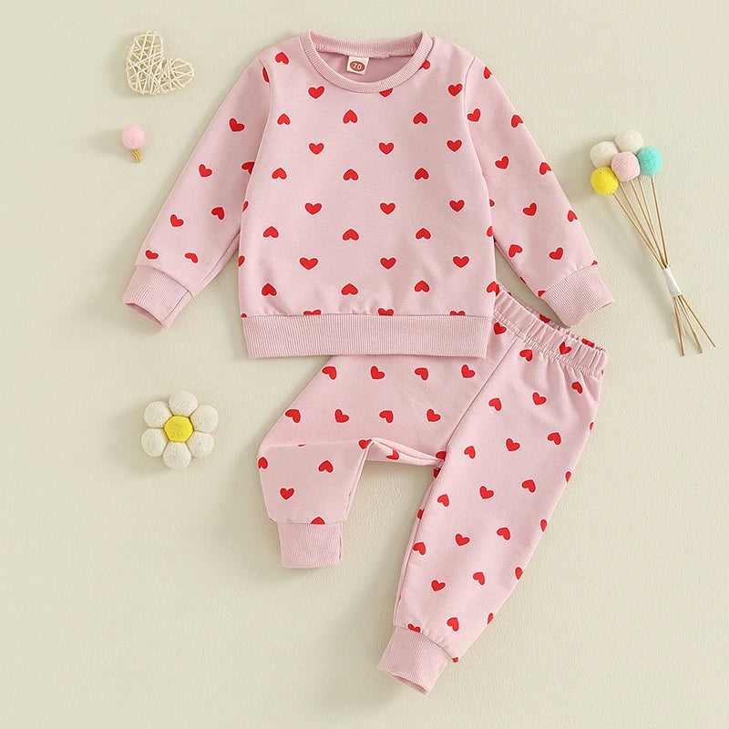 Toddler Girls 2Pcs Clothes Valentine's Day Outfits Long Sleeve Crewneck Heart Print Pants Set