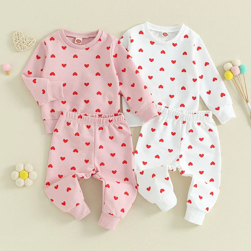 Toddler Girls 2Pcs Clothes Valentine's Day Outfits Long Sleeve Crewneck Heart Print Pants Set