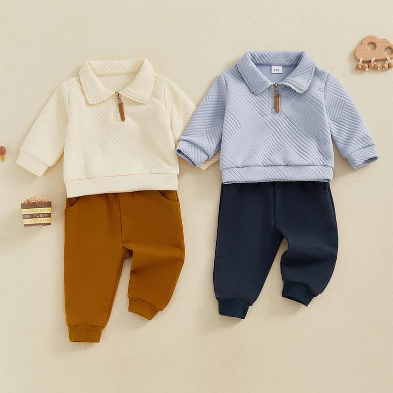 Baby & Toddler Boys 2Pcs Autumn Outfit Set Long Sleeve Lapel Half Zip Up Pullover Solid Color Pants Set