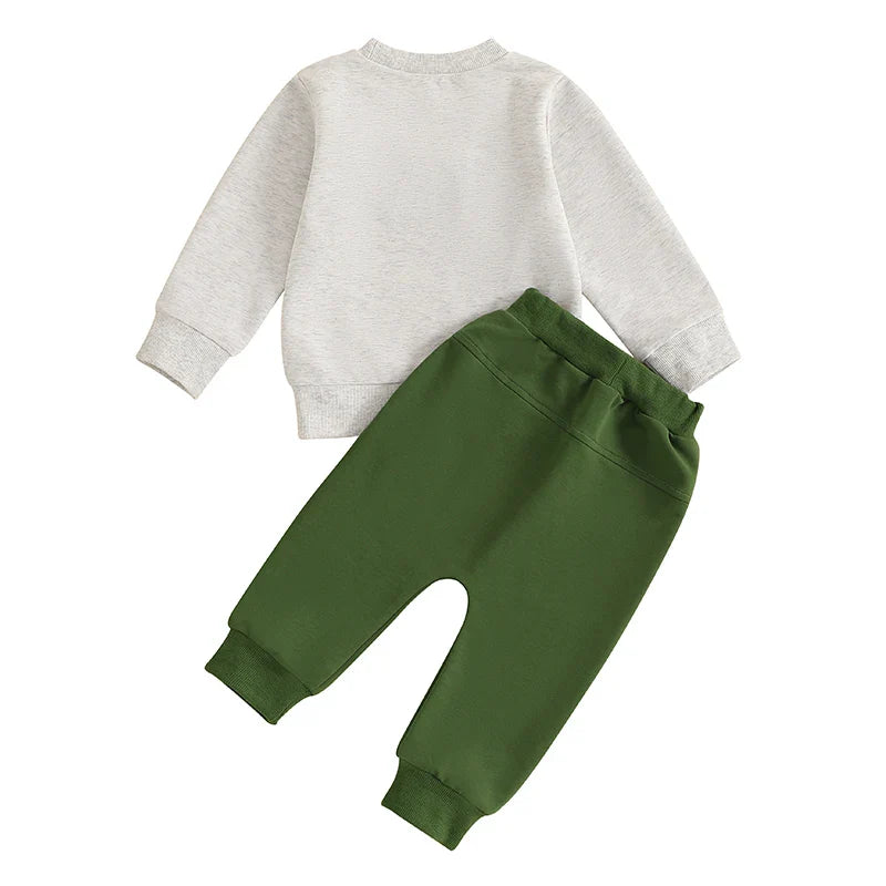 Toddler Girl or Boy 2Pcs Lucky St. Patrick's Day Spring Outfit Letter Shamrock Four Leaf Clover Embroidery Long Sleeve Crewneck Top with Elastic Waist Solid Pants Jogger Set