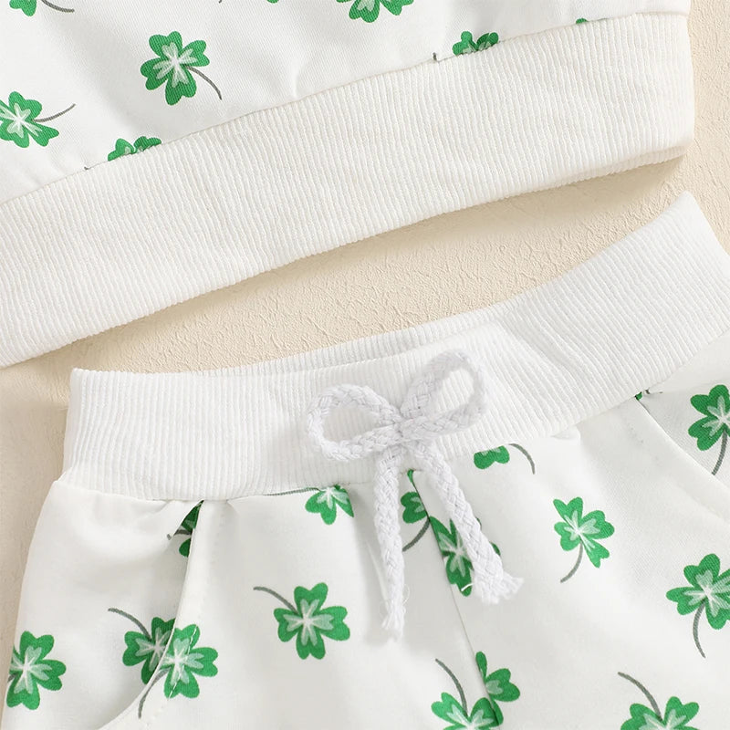 Baby & Toddler Girls or Boys 2Pcs St. Patrick's Day Outfit Four Leaf Clover Shamrock Print Long Sleeve Crewneck Top and Elastic Pants Jogger Set