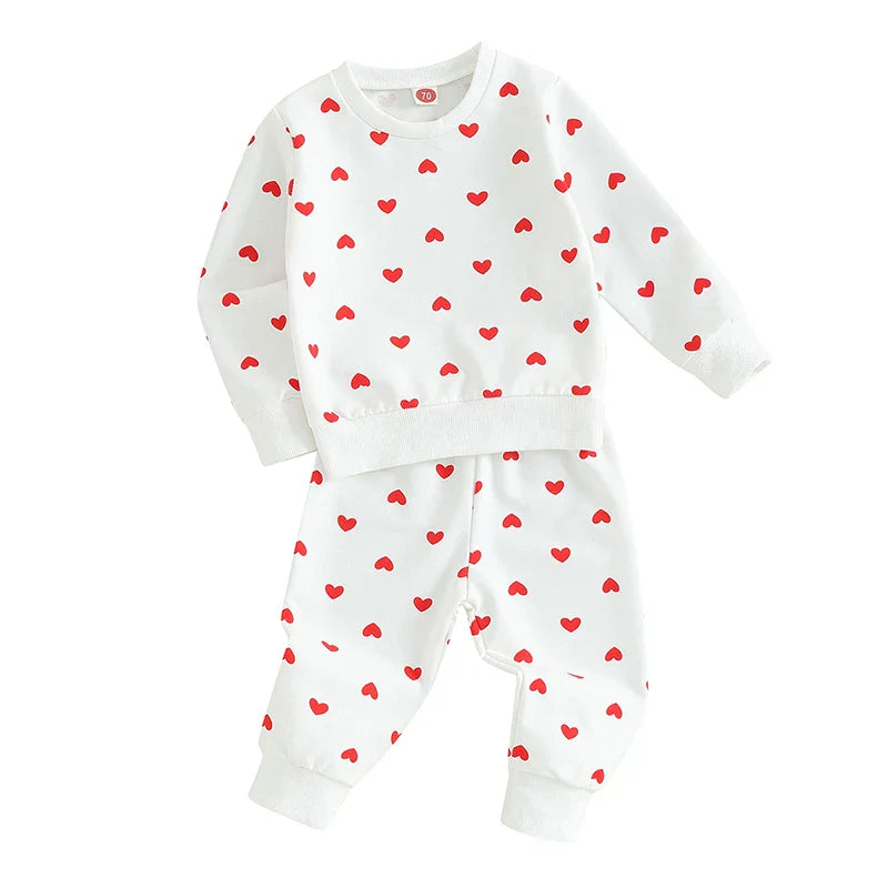Toddler Girls 2Pcs Clothes Valentine's Day Outfits Long Sleeve Crewneck Heart Print Pants Set