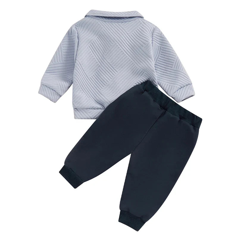 Baby & Toddler Boys 2Pcs Autumn Outfit Set Long Sleeve Lapel Half Zip Up Pullover Solid Color Pants Set