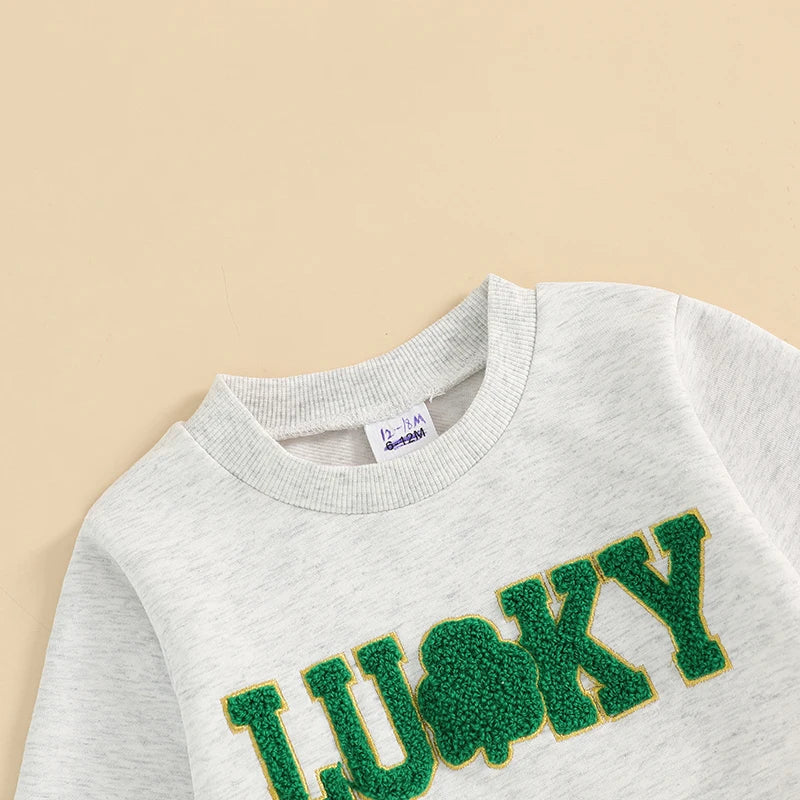 Toddler Girl or Boy 2Pcs Lucky St. Patrick's Day Spring Outfit Letter Shamrock Four Leaf Clover Embroidery Long Sleeve Crewneck Top with Elastic Waist Solid Pants Jogger Set