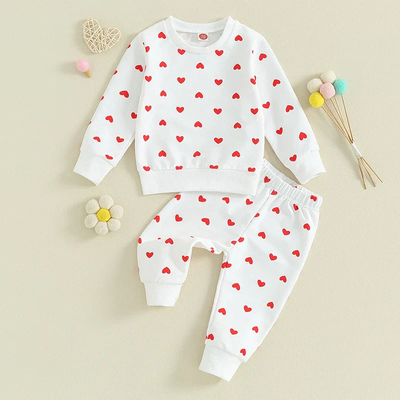 Toddler Girls 2Pcs Clothes Valentine's Day Outfits Long Sleeve Crewneck Heart Print Pants Set