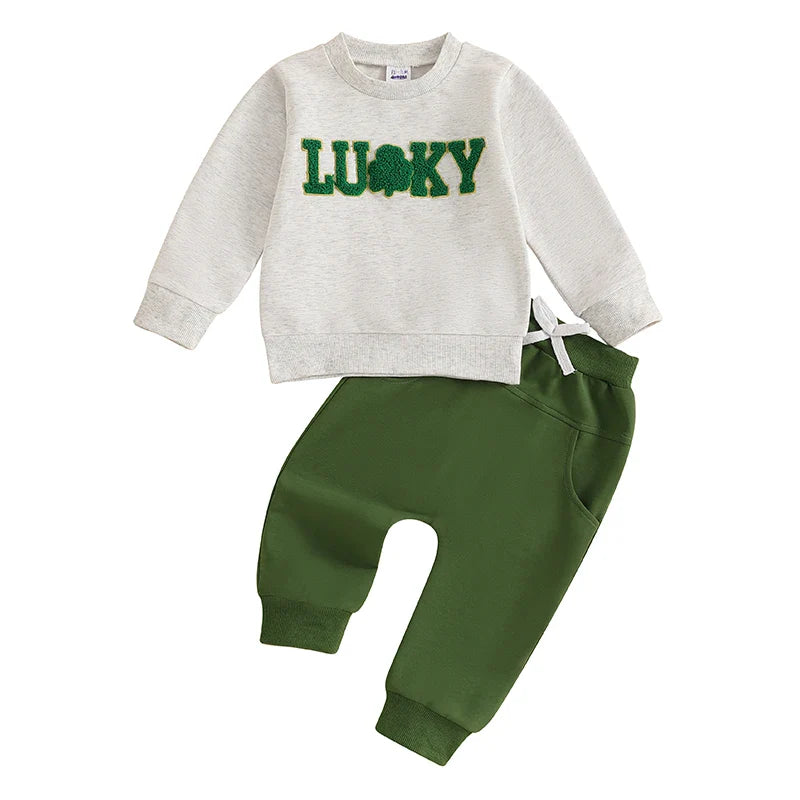 Toddler Girl or Boy 2Pcs Lucky St. Patrick's Day Spring Outfit Letter Shamrock Four Leaf Clover Embroidery Long Sleeve Crewneck Top with Elastic Waist Solid Pants Jogger Set