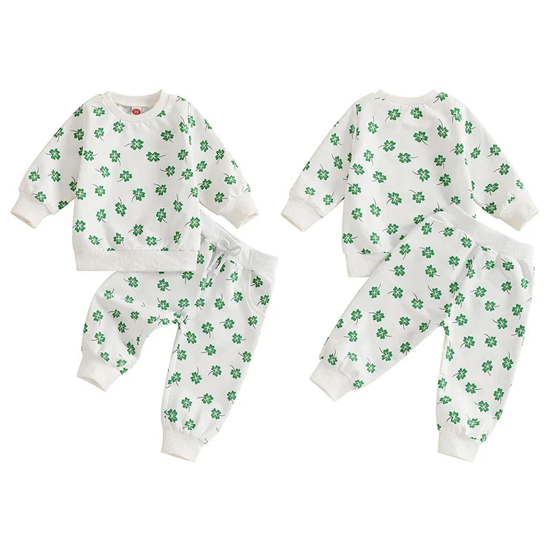 Baby & Toddler Girls or Boys 2Pcs St. Patrick's Day Outfit Four Leaf Clover Shamrock Print Long Sleeve Crewneck Top and Elastic Pants Jogger Set