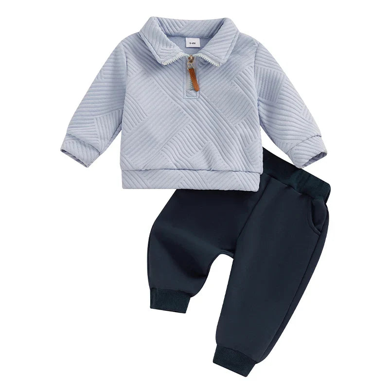 Baby & Toddler Boys 2Pcs Autumn Outfit Set Long Sleeve Lapel Half Zip Up Pullover Solid Color Pants Set