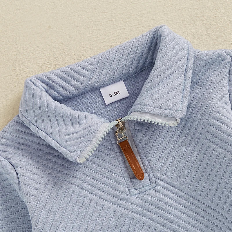 Baby & Toddler Boys 2Pcs Autumn Outfit Set Long Sleeve Lapel Half Zip Up Pullover Solid Color Pants Set