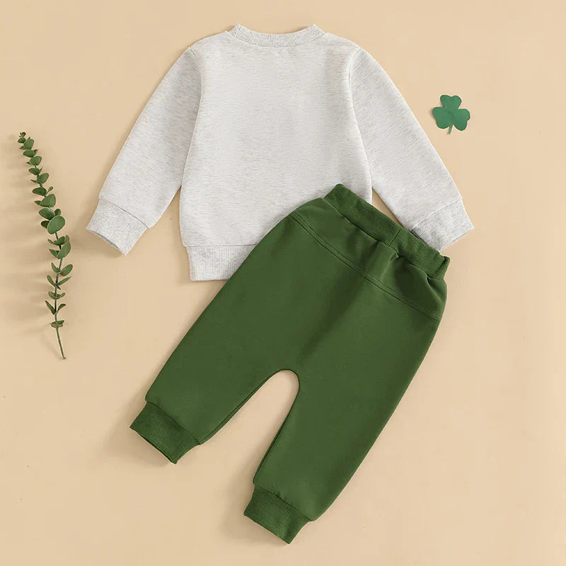 Toddler Girl or Boy 2Pcs Lucky St. Patrick's Day Spring Outfit Letter Shamrock Four Leaf Clover Embroidery Long Sleeve Crewneck Top with Elastic Waist Solid Pants Jogger Set