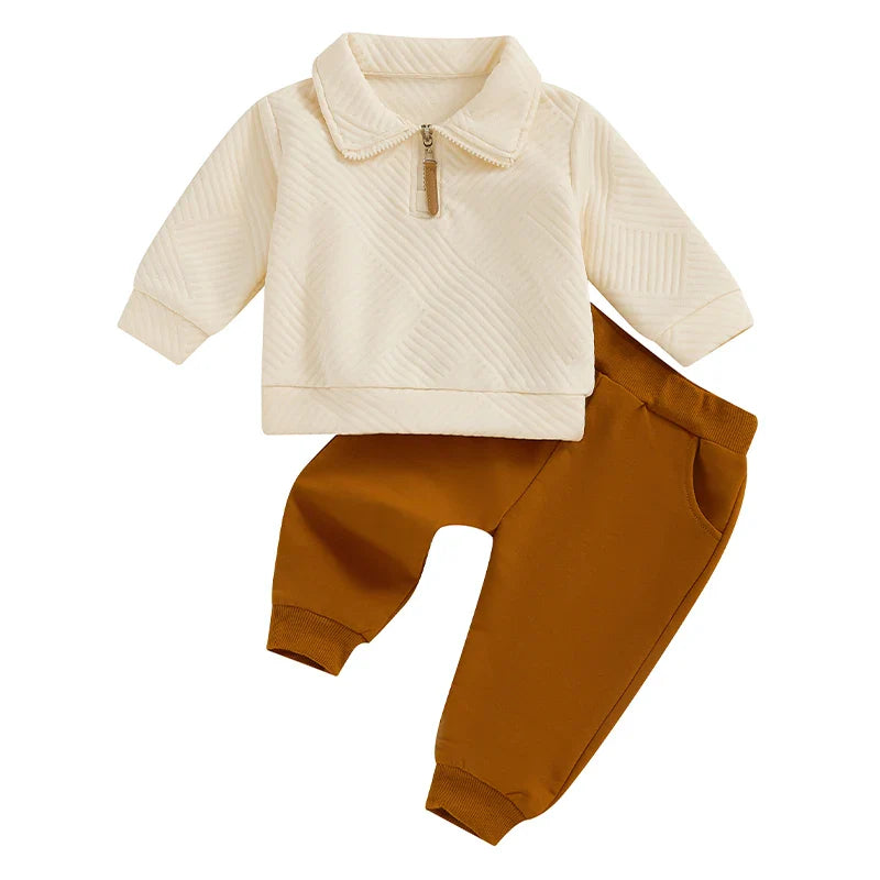 Baby & Toddler Boys 2Pcs Autumn Outfit Set Long Sleeve Lapel Half Zip Up Pullover Solid Color Pants Set