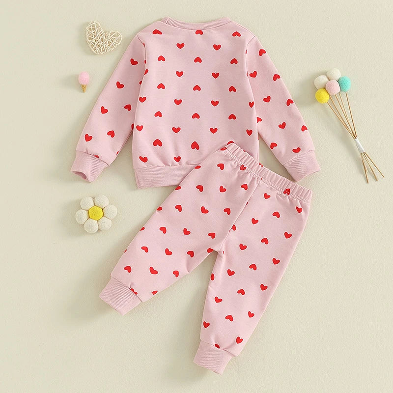 Toddler Girls 2Pcs Clothes Valentine's Day Outfits Long Sleeve Crewneck Heart Print Pants Set