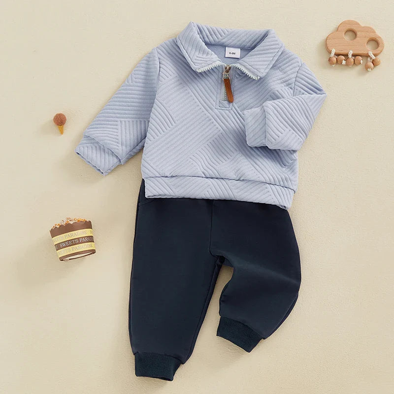 Baby & Toddler Boys 2Pcs Autumn Outfit Set Long Sleeve Lapel Half Zip Up Pullover Solid Color Pants Set