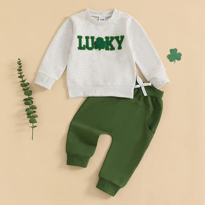Toddler Girl or Boy 2Pcs Lucky St. Patrick's Day Spring Outfit Letter Shamrock Four Leaf Clover Embroidery Long Sleeve Crewneck Top with Elastic Waist Solid Pants Jogger Set
