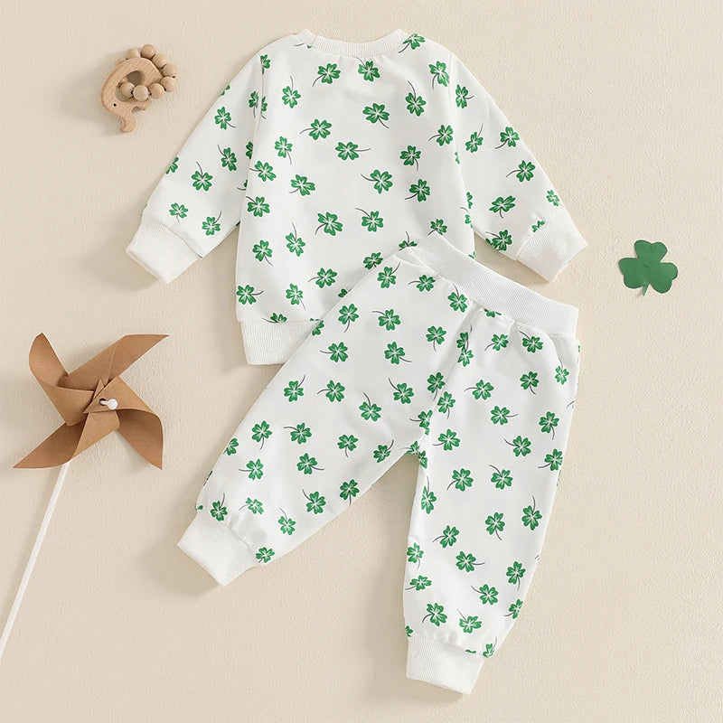 Baby & Toddler Girls or Boys 2Pcs St. Patrick's Day Outfit Four Leaf Clover Shamrock Print Long Sleeve Crewneck Top and Elastic Pants Jogger Set