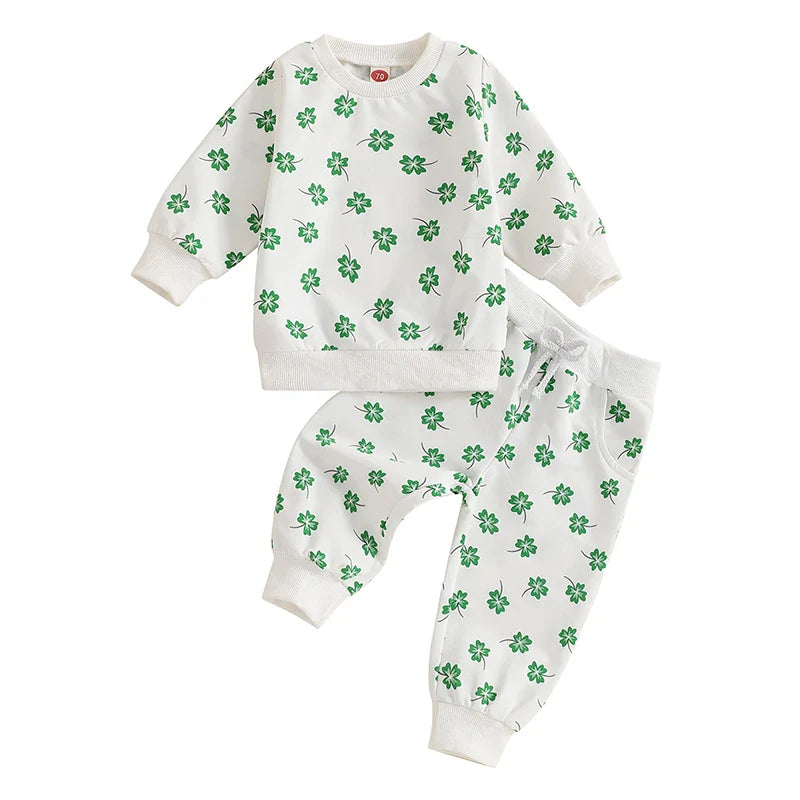 Baby & Toddler Girls or Boys 2Pcs St. Patrick's Day Outfit Four Leaf Clover Shamrock Print Long Sleeve Crewneck Top and Elastic Pants Jogger Set