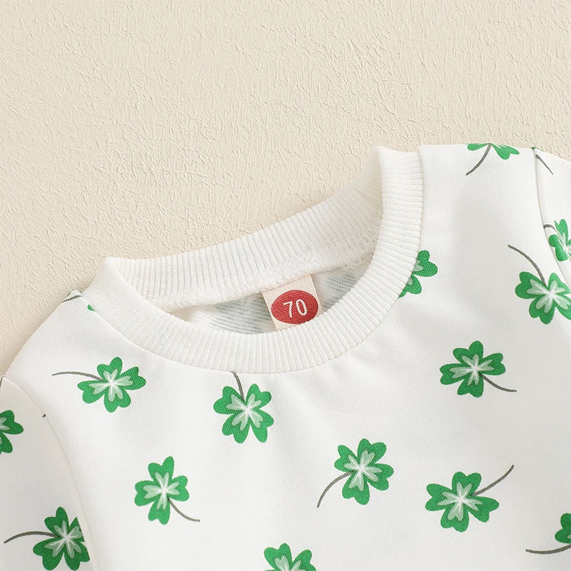 Baby & Toddler Girls or Boys 2Pcs St. Patrick's Day Outfit Four Leaf Clover Shamrock Print Long Sleeve Crewneck Top and Elastic Pants Jogger Set
