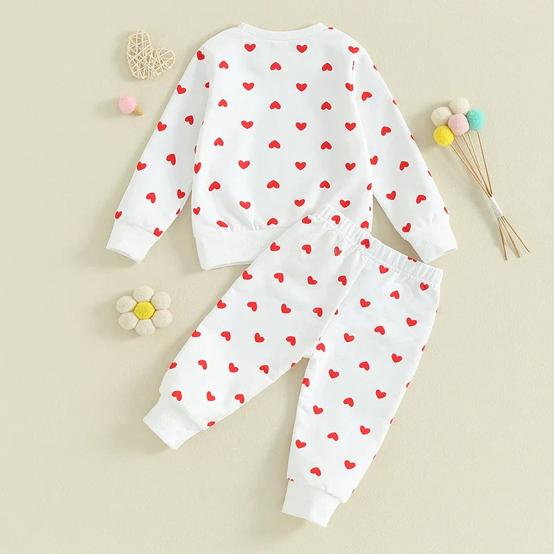 Toddler Girls 2Pcs Clothes Valentine's Day Outfits Long Sleeve Crewneck Heart Print Pants Set