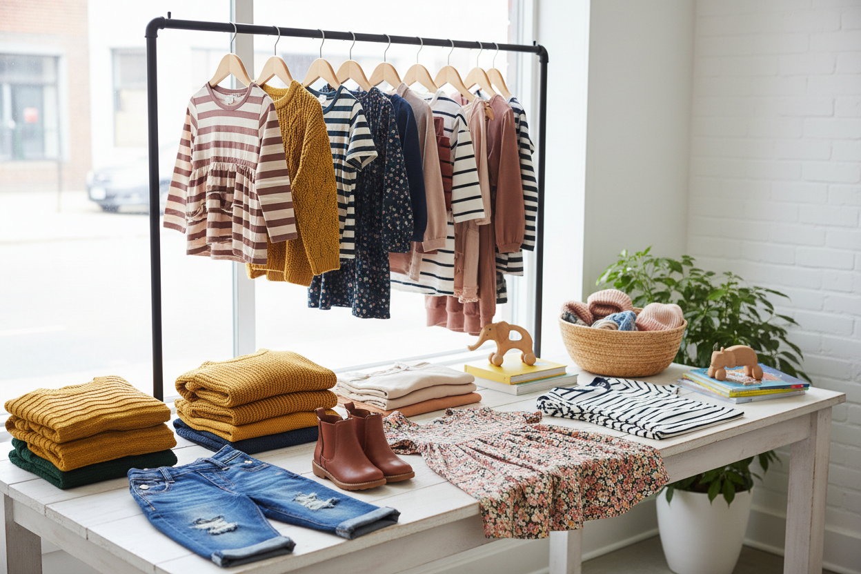 a laid out display of stylish kids clothing